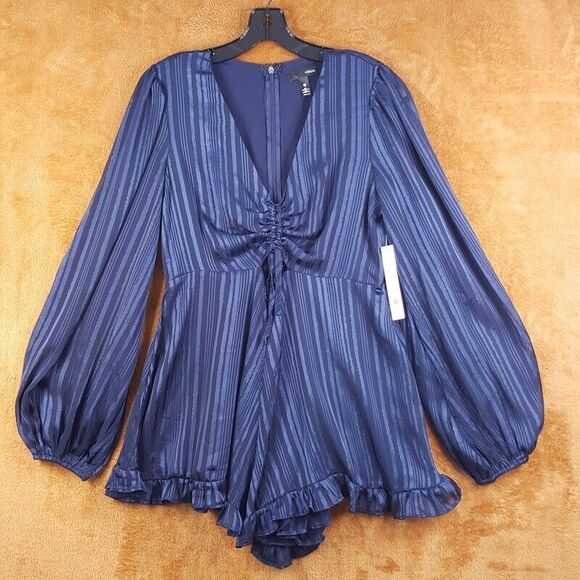 AQUA Womens Romper Medium Blue Cut Out Balloon Sleeve Stripe Shorts Jumpsuit - Picture 2 of 9